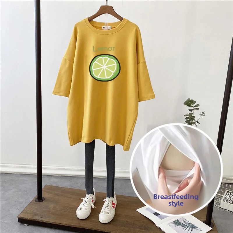 2022. gada jauns vasaras korejiešu versijas modes topi zīdīšanas periodiem, brīvi pieguļoši vidēja garuma T-krekli ar īsām piedurknēm grūtniecēm