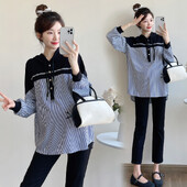 Jesenske široke prugaste košulje za trudnice u nizu boja Patchwork dugih rukava s kapuljačom na dugmad i dugmad za trudnice sa šeširom