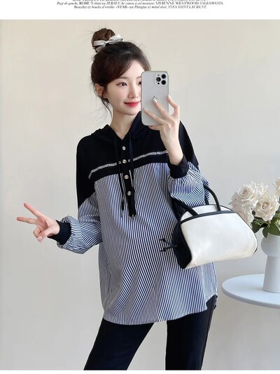 Jesenske široke prugaste košulje za trudnice u nizu boja Patchwork dugih rukava s kapuljačom na dugmad i dugmad za trudnice sa šeširom