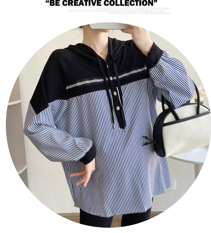 Jesenske široke prugaste košulje za trudnice u nizu boja Patchwork dugih rukava s kapuljačom na dugmad i dugmad za trudnice sa šeširom