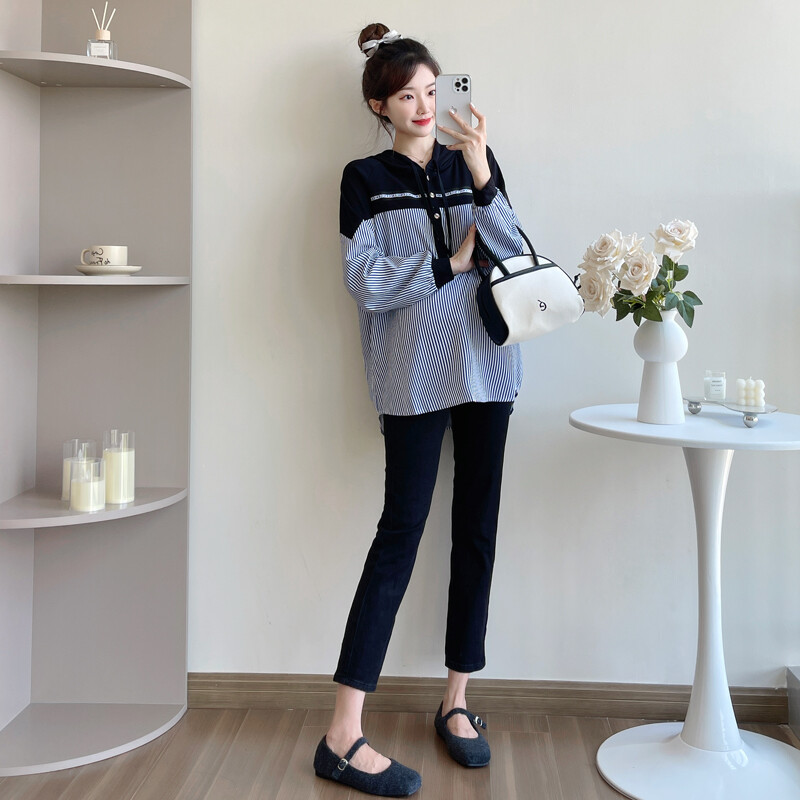 Jesenske široke prugaste košulje za trudnice u nizu boja Patchwork dugih rukava s kapuljačom na dugmad i dugmad za trudnice sa šeširom