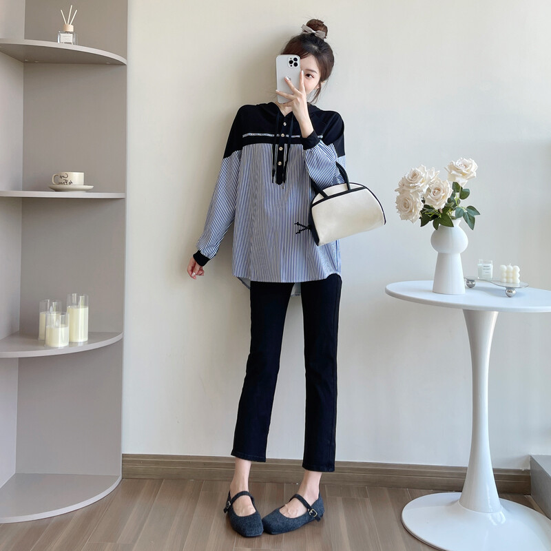 Jesenske široke prugaste košulje za trudnice u nizu boja Patchwork dugih rukava s kapuljačom na dugmad i dugmad za trudnice sa šeširom