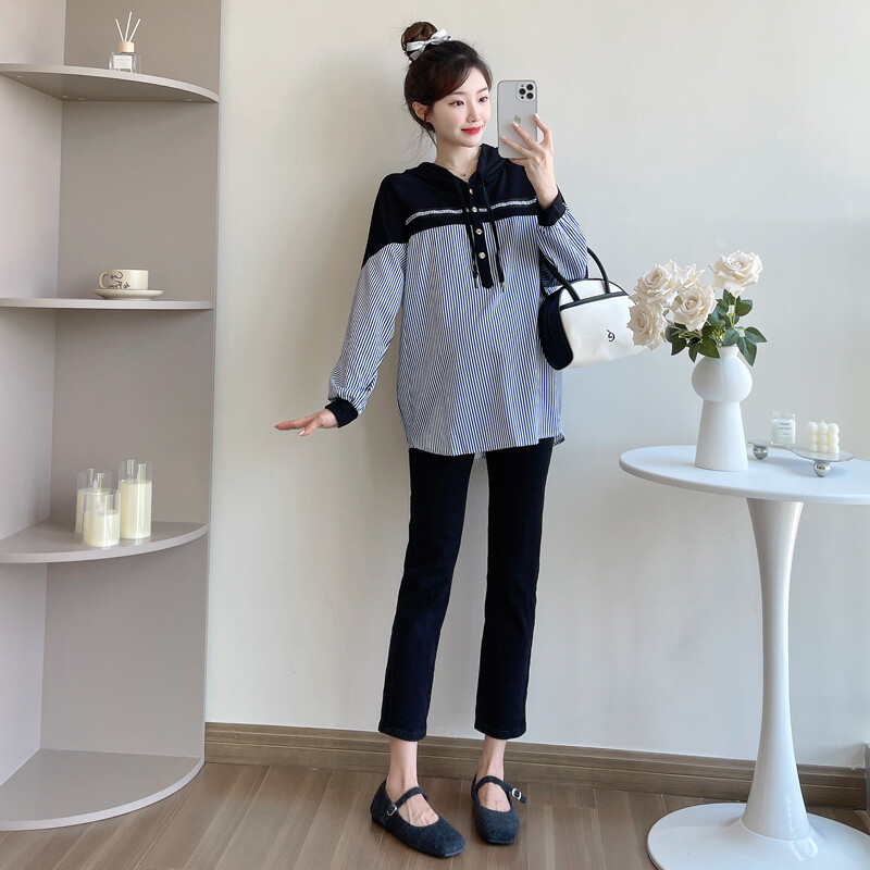 Jesenske široke prugaste košulje za trudnice u nizu boja Patchwork dugih rukava s kapuljačom na dugmad i dugmad za trudnice sa šeširom