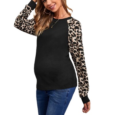 új kismama ruhák hosszú ujjú kerek nyakú leopárdmintás póló fekete ing terhes nők ruházat terhesség y2k utcai ruházat