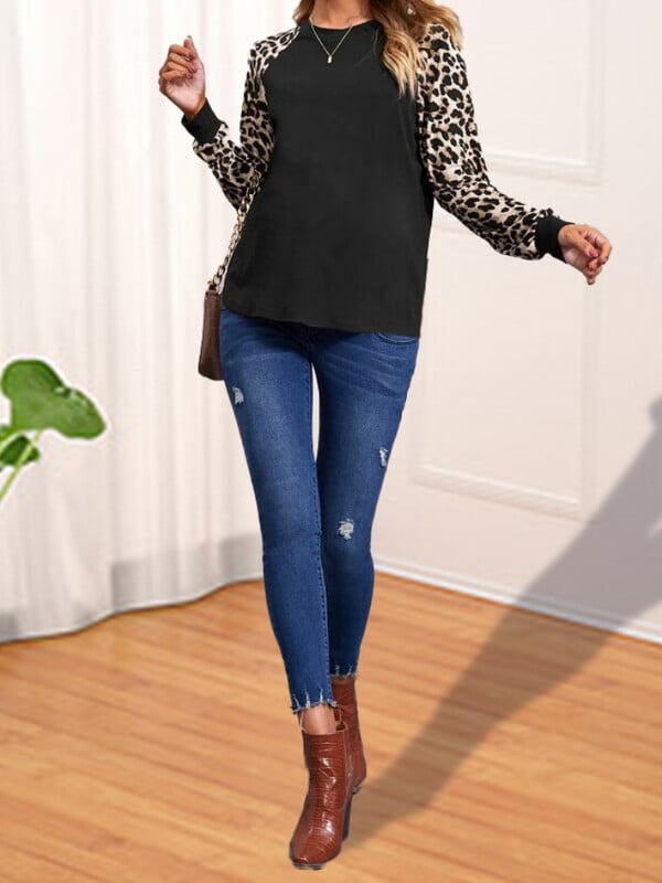 új kismama ruhák hosszú ujjú kerek nyakú leopárdmintás póló fekete ing terhes nők ruházat terhesség y2k utcai ruházat
