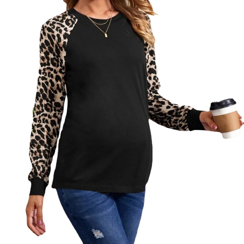 új kismama ruhák hosszú ujjú kerek nyakú leopárdmintás póló fekete ing terhes nők ruházat terhesség y2k utcai ruházat