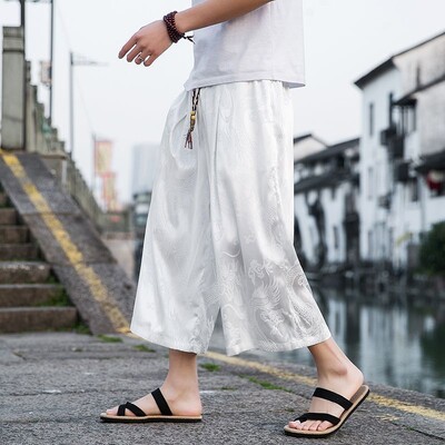 Vintage ledeno svilene hlače na sedam točaka s uzorkom zmaja Muške široke kratke hlače za plažu Baggys zvonaste hlače Ležerne hlače