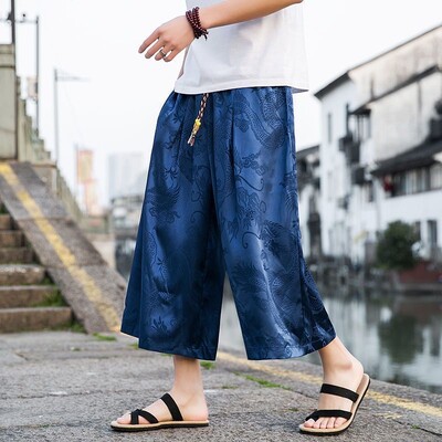 Vintage ledeno svilene hlače na sedam točaka s uzorkom zmaja Muške široke kratke hlače za plažu Baggys zvonaste hlače Ležerne hlače