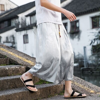 Vintage ledeno svilene hlače na sedam točaka s uzorkom zmaja Muške široke kratke hlače za plažu Baggys zvonaste hlače Ležerne hlače