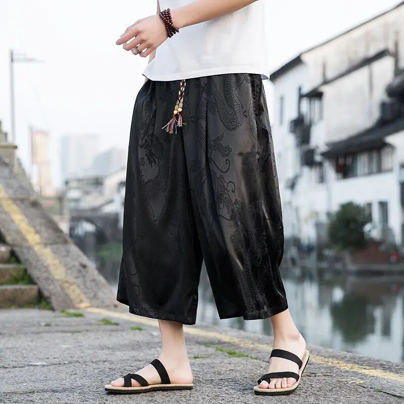 Vintage ledeno svilene hlače na sedam točaka s uzorkom zmaja Muške široke kratke hlače za plažu Baggys zvonaste hlače Ležerne hlače