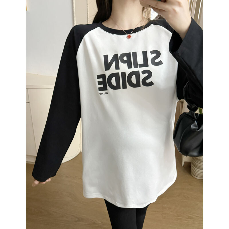 X70696# Grūtnieču topi T-krekls ar garām piedurknēm, kas samazina vecumu, vaļīgi, eleganti sieviešu topi