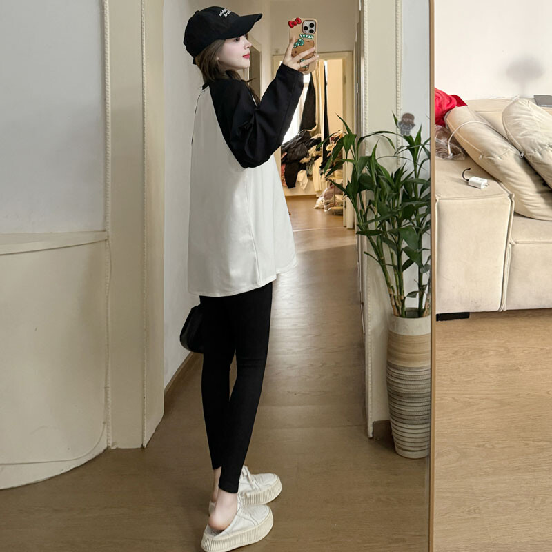 X70696# Grūtnieču topi T-krekls ar garām piedurknēm, kas samazina vecumu, vaļīgi, eleganti sieviešu topi