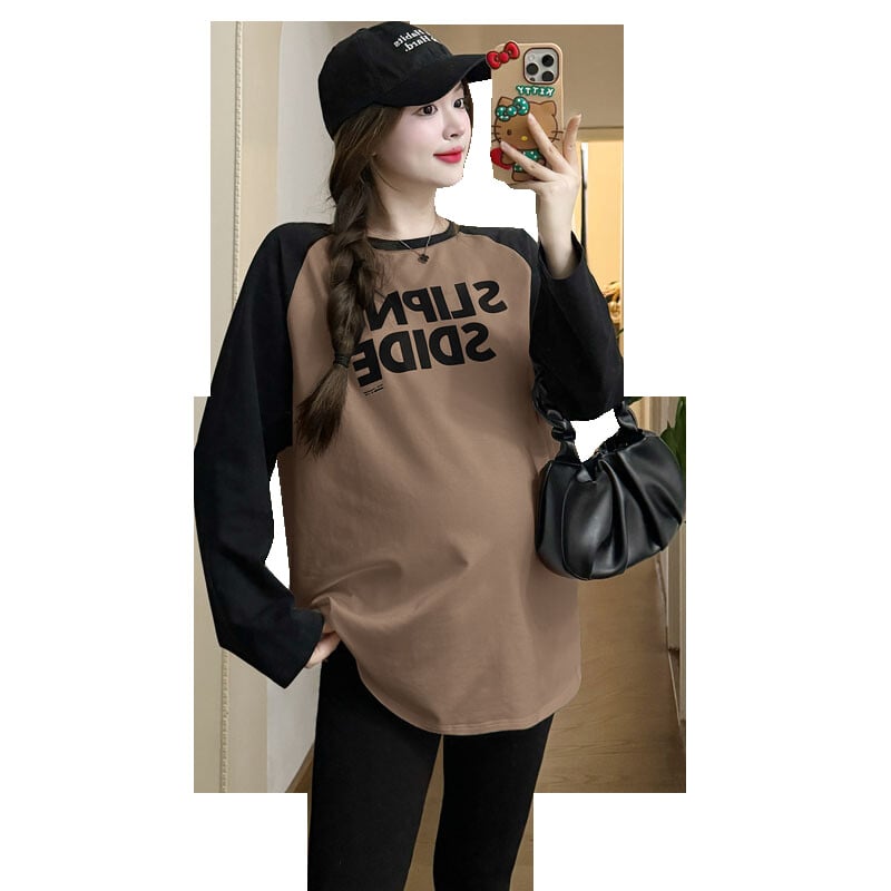 X70696# Grūtnieču topi T-krekls ar garām piedurknēm, kas samazina vecumu, vaļīgi, eleganti sieviešu topi