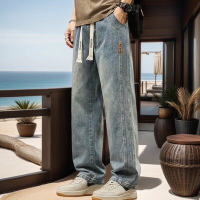2024Nove elastične široke ravne traperice, muške traper hlače širokih nogavica, ležerne hlače, korejski stil, sportska odjeća, jeans hlače