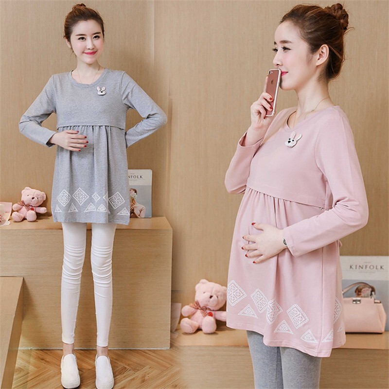 Tavaszi kismama póló koreai stílusú kismama blúzok, hosszú ujjú, vonalas bő pólók terhes nőknek, terhes felsők póló