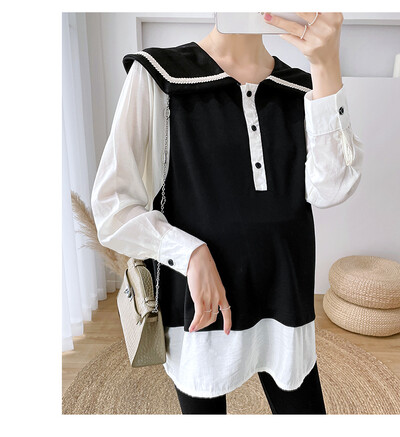 Jesenske majice za trudnice 2024., veliki ovratnik, dugi rukavi, pola gumba, bluze za trudnice, crno-bijele, patchwork majice