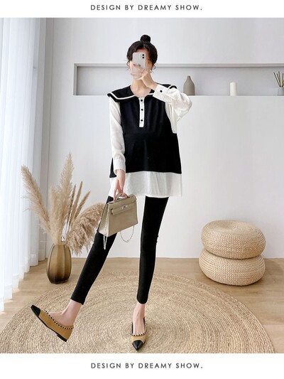 Jesenske majice za trudnice 2024., veliki ovratnik, dugi rukavi, pola gumba, bluze za trudnice, crno-bijele, patchwork majice