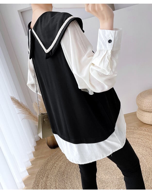 Jesenske majice za trudnice 2024., veliki ovratnik, dugi rukavi, pola gumba, bluze za trudnice, crno-bijele, patchwork majice