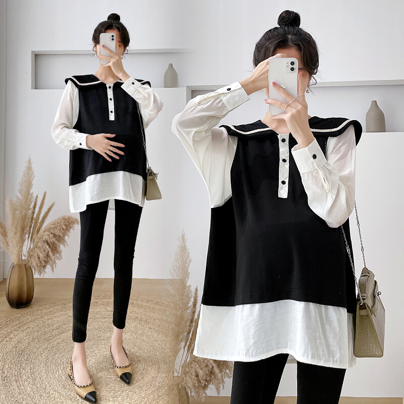 Jesenske majice za trudnice 2024., veliki ovratnik, dugi rukavi, pola gumba, bluze za trudnice, crno-bijele, patchwork majice