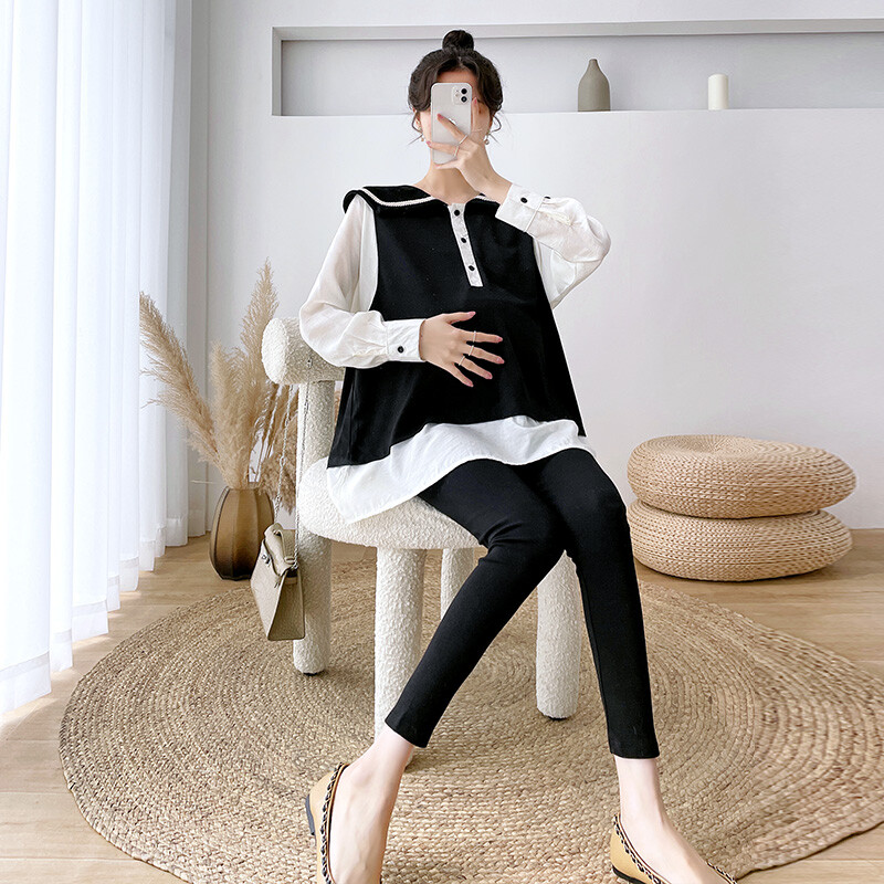 Jesenske majice za trudnice 2024., veliki ovratnik, dugi rukavi, pola gumba, bluze za trudnice, crno-bijele, patchwork majice