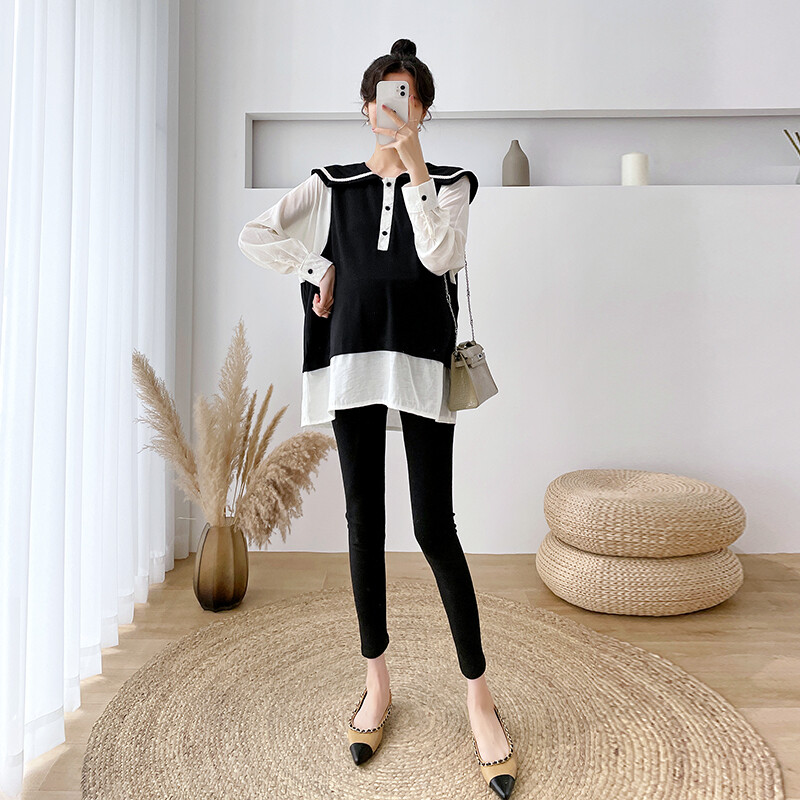 Jesenske majice za trudnice 2024., veliki ovratnik, dugi rukavi, pola gumba, bluze za trudnice, crno-bijele, patchwork majice