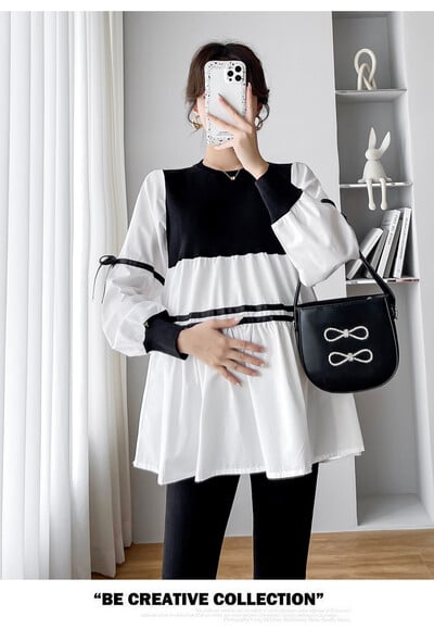Kórejský štýl Jarné jesenné voľné pruhované tehotné ženy bavlnené košele Plus Size tehotenské oblečenie Čiernobiele patchworkové blúzky
