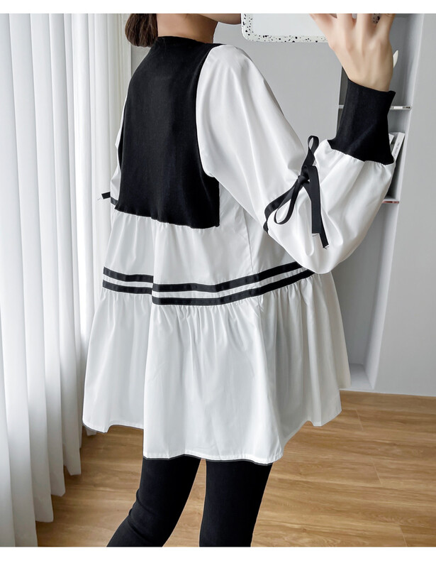 Kórejský štýl Jarné jesenné voľné pruhované tehotné ženy bavlnené košele Plus Size tehotenské oblečenie Čiernobiele patchworkové blúzky