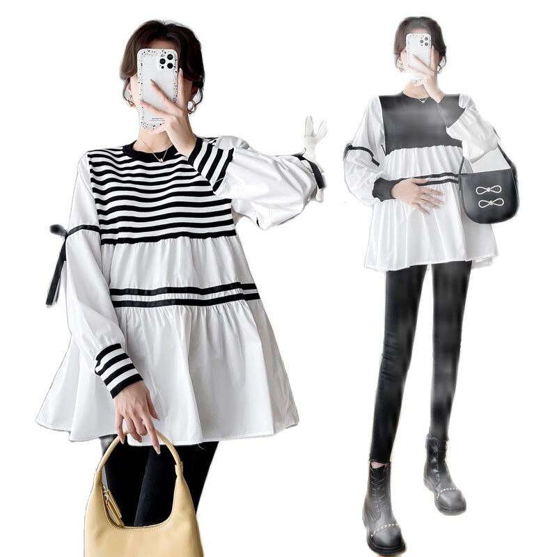 Kórejský štýl Jarné jesenné voľné pruhované tehotné ženy bavlnené košele Plus Size tehotenské oblečenie Čiernobiele patchworkové blúzky