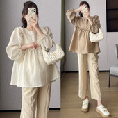 Tavaszi terhes nők szabálytalan ing fodros patchwork puff ujjú nagy méretű kismama sifon blúzok édes terhes ruhák