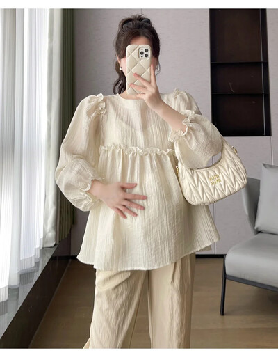 Tavaszi terhes nők szabálytalan ing fodros patchwork puff ujjú nagy méretű kismama sifon blúzok édes terhes ruhák