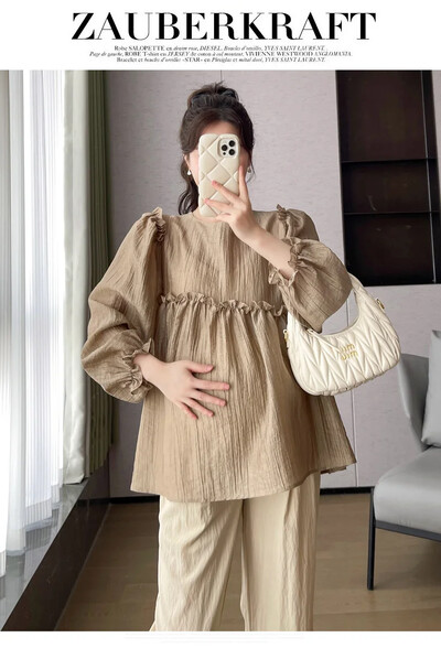 Tavaszi terhes nők szabálytalan ing fodros patchwork puff ujjú nagy méretű kismama sifon blúzok édes terhes ruhák