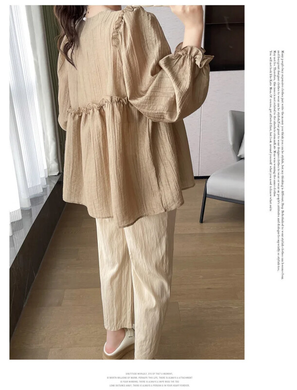 Tavaszi terhes nők szabálytalan ing fodros patchwork puff ujjú nagy méretű kismama sifon blúzok édes terhes ruhák