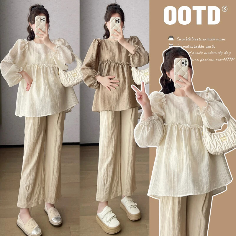 Tavaszi terhes nők szabálytalan ing fodros patchwork puff ujjú nagy méretű kismama sifon blúzok édes terhes ruhák