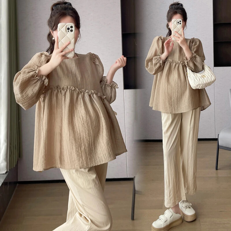 Tavaszi terhes nők szabálytalan ing fodros patchwork puff ujjú nagy méretű kismama sifon blúzok édes terhes ruhák