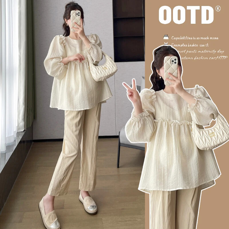 Tavaszi terhes nők szabálytalan ing fodros patchwork puff ujjú nagy méretű kismama sifon blúzok édes terhes ruhák