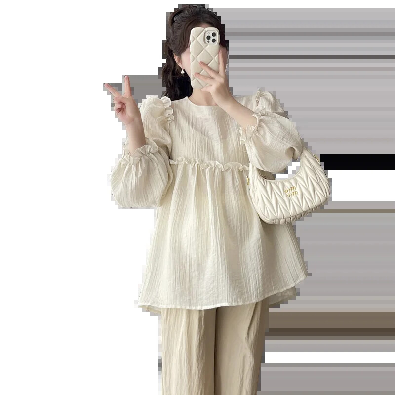 Tavaszi terhes nők szabálytalan ing fodros patchwork puff ujjú nagy méretű kismama sifon blúzok édes terhes ruhák