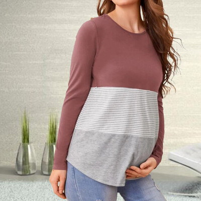 2023. gada sieviešu grūtnieču T-kreklu topi vasaras O kaklam, garām piedurknēm, svītrainām apdrukām. T-krekls barošanai ar krūti