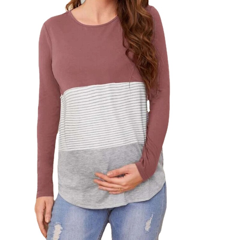 2023. gada sieviešu grūtnieču T-kreklu topi vasaras O kaklam, garām piedurknēm, svītrainām apdrukām. T-krekls barošanai ar krūti