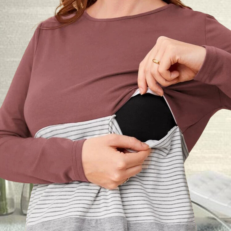 2023. gada sieviešu grūtnieču T-kreklu topi vasaras O kaklam, garām piedurknēm, svītrainām apdrukām. T-krekls barošanai ar krūti