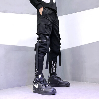 Moda japoneză elegantă Harajuku Hip Hop Pantaloni pentru bărbați Streetwear Pantaloni cargo pentru bărbați buzunare cu panglică Joggeri Techwear Pantaloni pentru bărbați