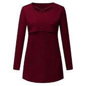 Дамска тениска с дълъг ръкав за бременни, кръстосана тениска, ежедневна блуза, тениска с кръгло деколте и кърмене с дълги ръкави