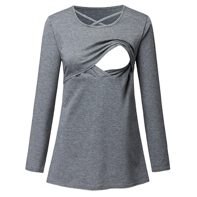 Дамска тениска с дълъг ръкав за бременни, кръстосана тениска, ежедневна блуза, тениска с кръгло деколте и кърмене с дълги ръкави
