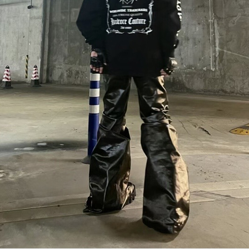High Street široke nogavice od sjajne pu kožne hlače s šišama, muške i ženske ravne vrećaste ležerne traperice, prevelike lepršave hlače