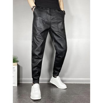 KPOP Fashion Style Harajuku Slim Fit Ropa Hombre Loose All Match Sport Casual Παντελόνι Κορεατικό στυλ Δερμάτινο παντελόνι με μασίφ τσέπες