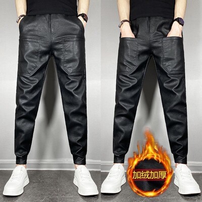 KPOP modes stils Harajuku Slim Fit Ropa Hombre Loose All Match Sport ikdienas bikses korejiešu stila viengabalainas kabatas ādas bikses