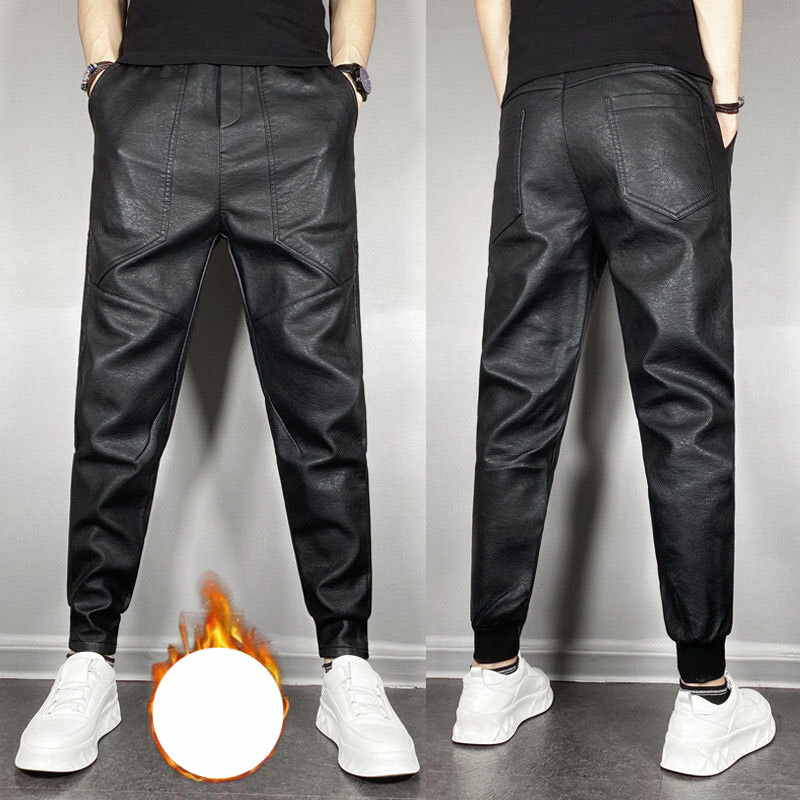 KPOP modes stils Harajuku Slim Fit Ropa Hombre Loose All Match Sport ikdienas bikses korejiešu stila viengabalainas kabatas ādas bikses