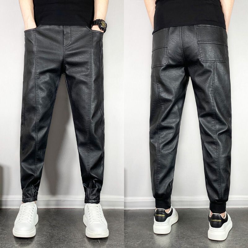 KPOP modes stils Harajuku Slim Fit Ropa Hombre Loose All Match Sport ikdienas bikses korejiešu stila viengabalainas kabatas ādas bikses