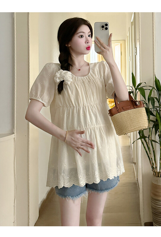 Korejas stila Vasaras Grūtnieču Modes T-krekli Krekli Gari Brīvi Izšūti Tops Salds Grūtnieču balles tērps Blūzes Bēšs