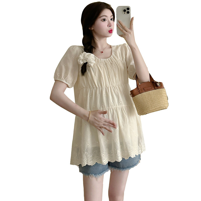 Korejas stila Vasaras Grūtnieču Modes T-krekli Krekli Gari Brīvi Izšūti Tops Salds Grūtnieču balles tērps Blūzes Bēšs