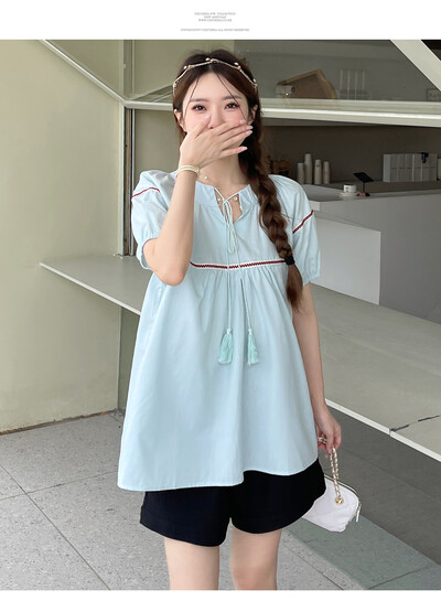 Ljetne slatke majice s kićankama na v-izrez za trudnice Prugasta patchwork labava modna pamučna bluza za trudnice Top za trudnice